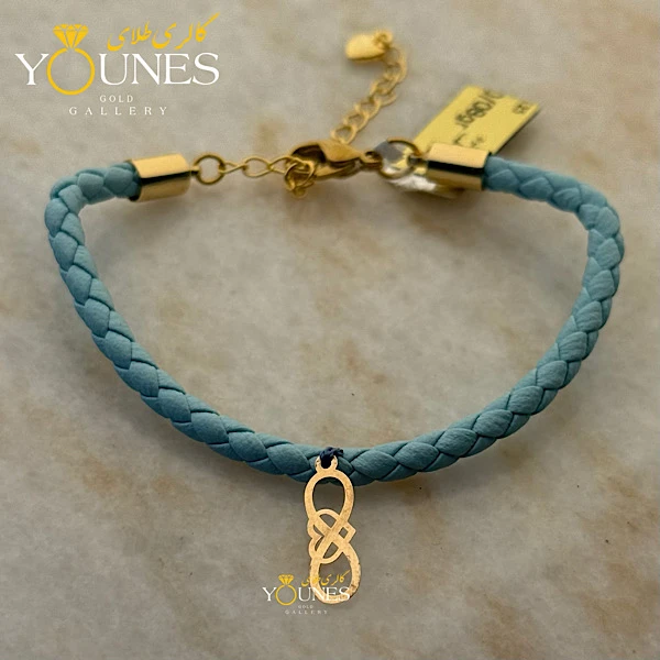 دستبند چرم آبی قلب بینهایت طلا